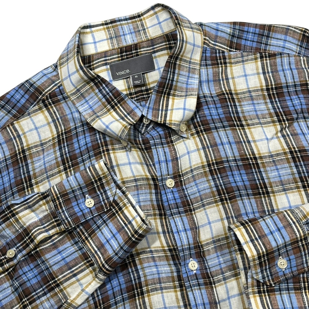 Vince 100% Linen Button Down Shirt Mens XL Blue Brown Plaid Long Sleeve Airy